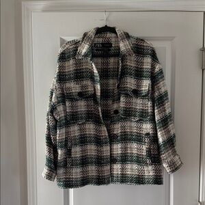 Zara Women's Jacket in Green and Cream Plaid